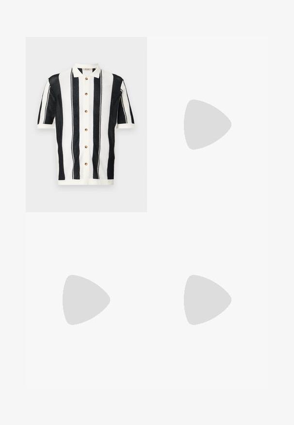 Black and white striped short-sleeve shirt with a button-up front, made from a textured knit material. Features round brown buttons.; Urban Classics WIDE FIT - Chinos - black; White leather sneaker with lace-up closure, textured surface, and a thick white rubber sole featuring a serrated edge for grip.; Metal-framed sunglasses with oval green lenses. Thin silver metal frame and black ear tips. Minimalist design, no visible logos.
