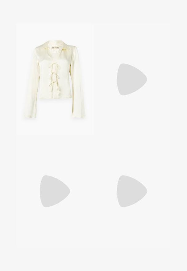 Cream long-sleeve blouse with a collar and a V-neckline, featuring a lace-up front with three fabric ties and a smooth, silky texture.; High-waisted, wide-leg jeans made of blue denim with a faded finish. Features include front pockets and a single button closure.; Black leather ballet flat with a rounded toe, smooth texture, minimal stitching detail, and a flexible sole design.; Brown leather handbag with a flap closure, gold-tone hardware, a shoulder strap, and a smooth texture. Compact rectangular shape.