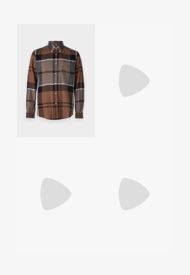 Barna és sokszínű kockás gombos ing. Gallérral, hosszú ujjú, elülső zsebbel és kontrasztos gomb részletekkel rendelkezik. Könnyű anyag.; Khaki színű, rövid ujjú póló, puha anyagból készült, kerek nyakkivágással és lazább fazonnal. Minták vagy grafikák nem láthatók.; Kakhiszínű pamut nadrág egyenes szárú szabással, gombos záródással, két elülső zsebbel és sima textúrával.; Tommy Hilfiger RETRO RUNNER MIX - Sportcipő - black/cocoa