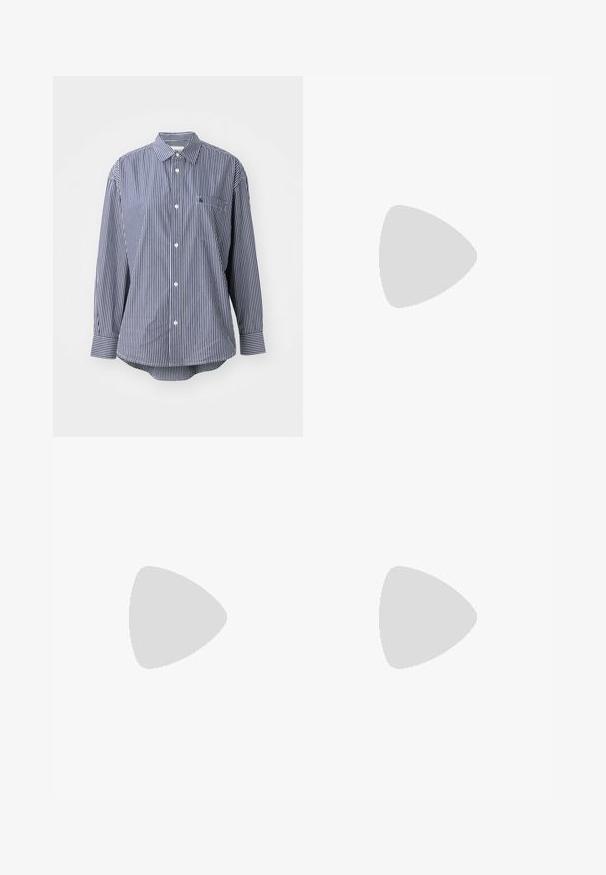 Chemise à rayures bleu marine et blanche à manches longues avec un col classique, une poche avant et une fermeture à boutons. Tissu doux avec une texture lisse.; Pantalon en coton blanc avec broderies florales le long des jambes, coupe droite et fermeture par bouton à la taille.; Escarpins à talon slingback en cuir verni beige avec un bout pointu et un talon de 5 cm, présentant des côtés découpés et une fine bride à la cheville.; Lunettes de soleil en écaille, avec des verres ovales allongés, teinte marron, accents de logo doré sur les branches et montures noires élégantes.; Sac à main marron à motif avec un tissu texturé, une bandoulière en cuir marron et un détail de logo doré sur un fond beige. Forme courbée et structurée.