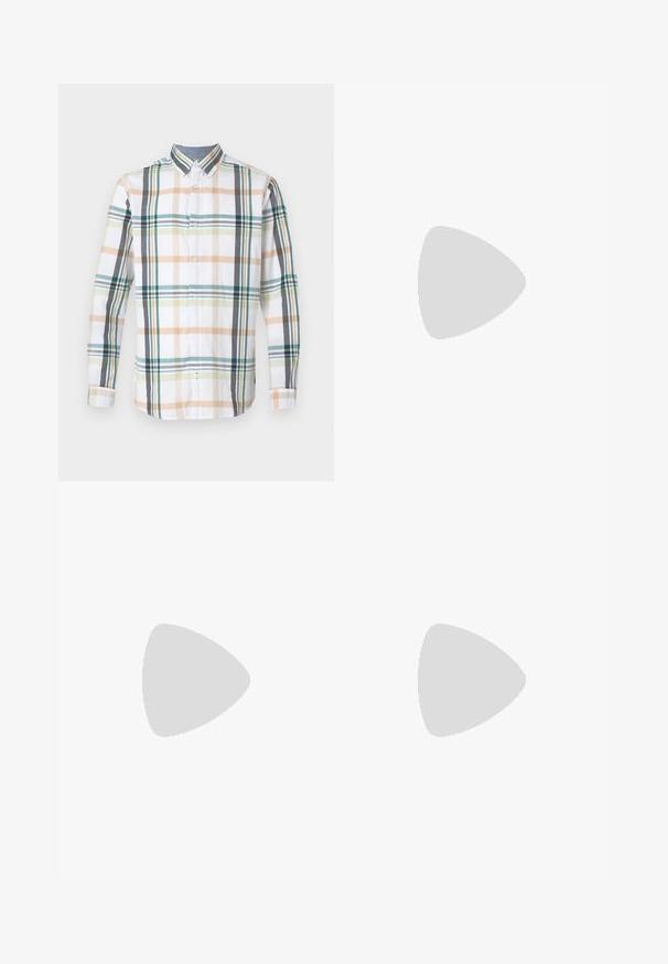 Long-sleeve button-up shirt in white fabric featuring a multi-colored plaid pattern with shades of green, beige, and gray.; Light blue denim wide-leg jeans with a high waist, featuring five pockets, belt loops, and a soft, slightly faded texture.; Black leather loafers with a rounded toe, featuring a stitched design, low platform sole, and a textured, lugged rubber outsole.; Black sunglasses with a rectangular shape, dark lenses, silver accents at the temples, and a matte finish on the frame.