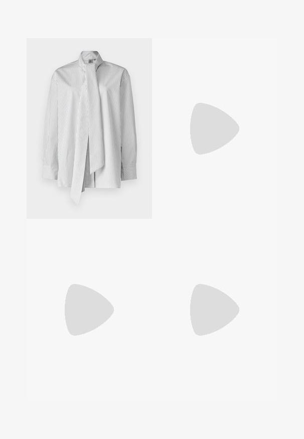 Blusa blanca con rayas verticales negras, con un cuello alto y mangas largas. Incluye un detalle de lazo en el cuello y cierre de botones.; Top de tirantes finos de canalé blanco, con un diseño ajustado y textura suave. La tela parece elástica y ligeramente estructurada.; Vestido maxi de mezclilla con mangas largas, cuello puntiagudo, delantero con botones, dos bolsillos en el pecho, cintura ajustada y aberturas laterales para facilitar el movimiento.; Sandalia de tacón alto blanca con tiras, con una base plana en la punta, parte frontal texturizada con acentos fruncidos y una delgada correa en el tobillo.; Pendientes de aro color dorado, delgados y redondos, con un acabado metálico suave y sin adornos ni patrones.