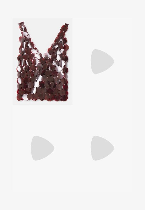 V-neck top made of overlapping, shiny, burgundy petals, connected with silver hardware, featuring a textured surface and lightweight design.; Black wide-leg trousers with a smooth texture, featuring a high waistband and center pleats. No visible patterns or hardware details.; Black patent leather high-heeled shoes with a square toe, ankle strap, and a chunky heel. Includes perforated detailing along the rim.; White handbag with a textured, curved design. Features a prominent handle and a rounded bottom, with a smooth finish and minimal hardware.