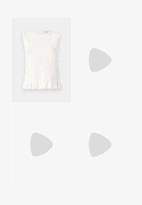 White sleeveless top with a gathered texture, featuring a round neckline and a ruffled hem. Made from soft, lightweight fabric.; Stradivarius Relaxed fit jeans - white; Black patent leather slingback heels with a pointed toe and a geometric block heel. Features a sleek, minimal design and smooth texture.; Black leather handbag with a curved shape, detachable strap, and gold hardware. The bag features a flap with a buckle detail.