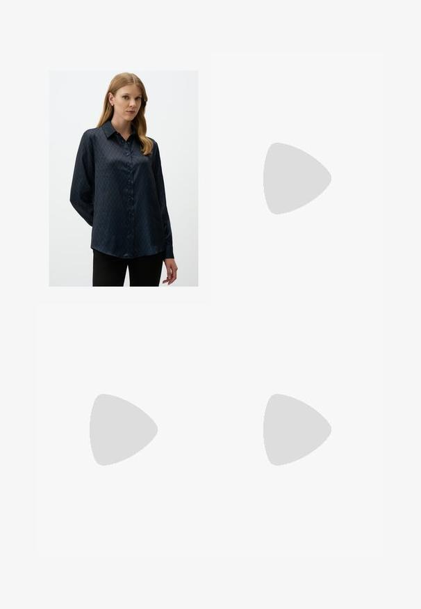 Dark blue satin blouse featuring a diamond pattern, pointed collar, and button-down front. Long sleeves with a relaxed fit.; Plain white t-shirt made of cotton with a round neckline, short sleeves, and a relaxed fit. Smooth texture with no patterns or accents.; White long skirt with a smooth texture, paired with a gray ribbed cardigan and black flat shoes. The ensemble creates a simple, layered look.; Yellow faux leather mules with a pointed toe, open heel, and a small block heel. Features a decorative bow at the front.; Desigual Handbag - brown