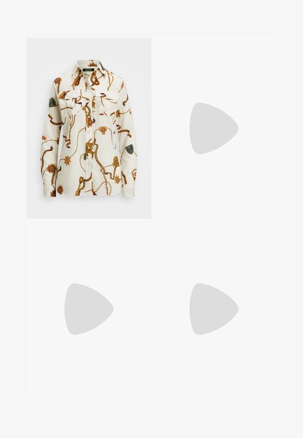 Long-sleeve button-up shirt in white cotton featuring a brown and gold rope pattern, two chest pockets, and embroidered accents on sleeves.; Black halter dress with a draped design. Made of shiny material, featuring a twisted neckline and asymmetrical hem. Smooth texture.; Black patent slingback heel with a pointed toe, featuring textured snake print, adjustable strap, and a short, textured block heel.; Black leather crossbody bag with two front pockets, gold buckles, zipper closure, and a slim strap. Textured surface and compact rectangular shape.; Gold-tone metal hoop earrings with a curved, elongated shape. Features a smooth, shiny surface and a rounded tip for added detail.