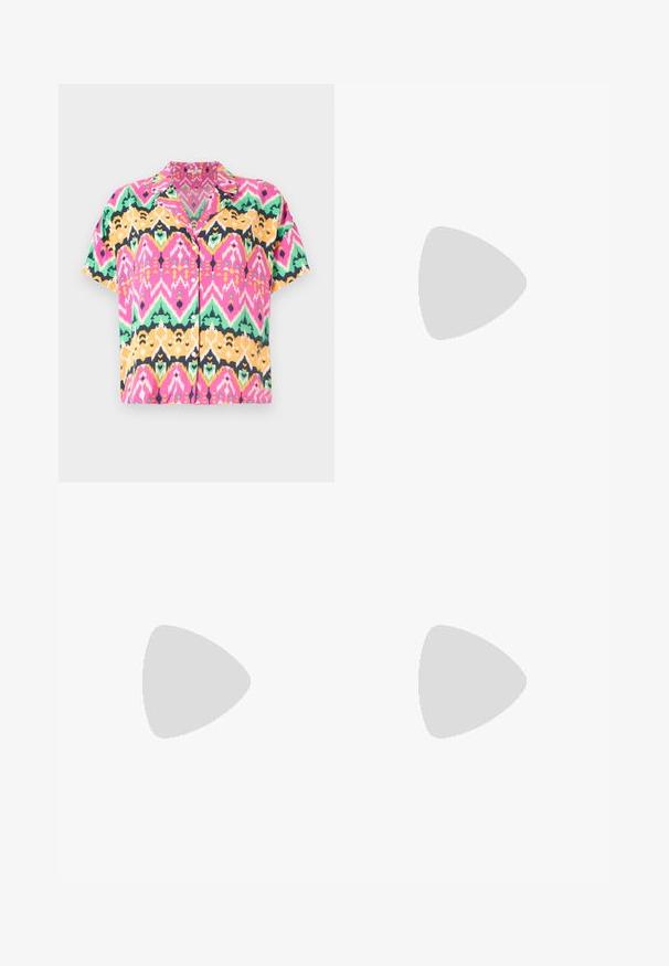 Chemise à manches courtes arborant un motif zigzag multicolore vif en rose, vert, jaune et noir. Fabriquée en tissu léger avec un col.; Shorts cargo beiges avec taille élastique, deux poches latérales et un petit logo blanc. Fabriqués en tissu léger et texturé.; Les baskets Nike Air Max présentent un design beige et noir, avec un dessus lisse, un coussin d'air visible et des semelles en caoutchouc plates.; Une paire de lunettes de soleil rectangulaires avec des montures translucides bleu clair et des verres gris foncé, présentant des branches droites et des détails matériels minimaux.