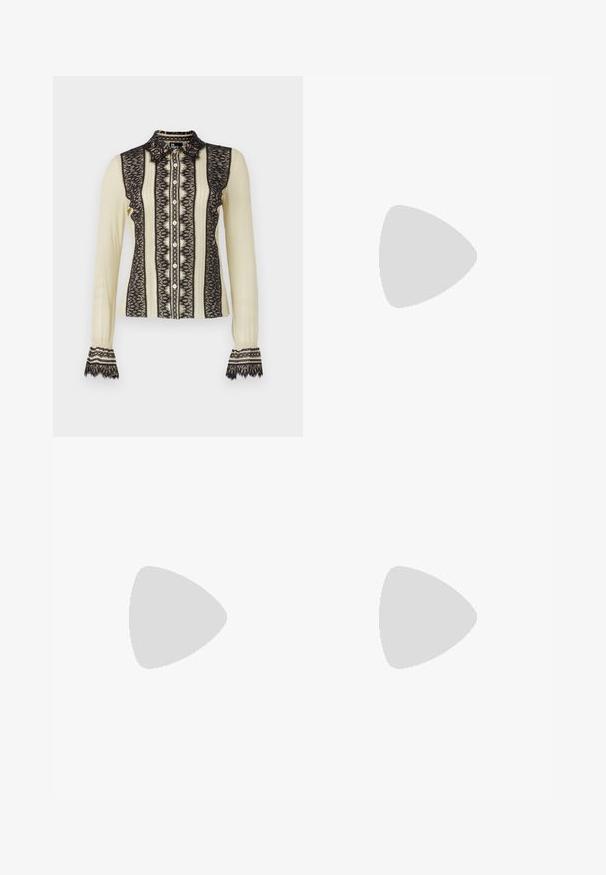 The Kooples CHEMISE - Camicia - ecru; The Kooples PANTALON SEUL - Pantaloni - black; Scarpa slingback nera in pelle con punta affusolata, cinturini decorativi con occhielli metallici e tacco basso a blocco. Superficie testurizzata.; Borsa in pelle trapuntata nera con tracolla a catena, caratterizzata da dettagli a forma di teschio e chiusura con zip. Superficie texture con finitura lucida.