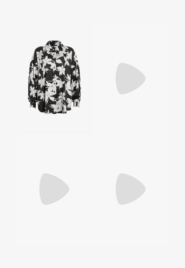 Black and white floral button-up shirt with a spread collar, gathered sleeves, and smooth fabric texture. Features large flower patterns.; Black floral pants with a loose fit. Features white flower patterns and an elastic waistband. Made from smooth, lightweight fabric.; Black high-heeled sandals feature thin straps with a knotted design, a smooth square toe, and a sleek stiletto heel.; Silver metal earrings with a smooth, teardrop shape and a polished finish. Subtle engravings add detail. Minimalist design.