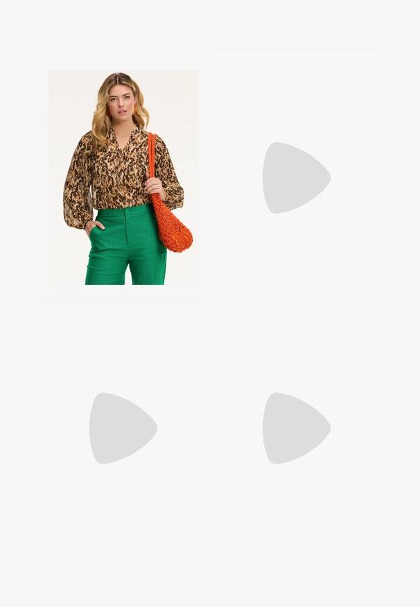 Brown and beige patterned blouse with puff sleeves, paired with green pants. Held is an orange woven bag with a textured design.; Black wide-leg trousers made of a smooth fabric, featuring a high waist, two back pockets, and subtle front pleats for added shape.; Victoria Beckham Classic heels - black; Black leather shoulder bag with a curved shape, thin handle, and subtle gold accents. Smooth texture with minimalistic design.
