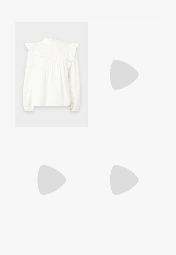 White cotton blouse with long sleeves, ruffled shoulders, lace trim, and floral embroidery patterns on the front and sleeves.; Black trousers made from smooth fabric featuring a high waist, wide legs, front pleats, and classic belt loops. No side pockets visible.; Black leather slingback shoe with a pointed toe, decorative straps featuring metal eyelets, and a low block heel. Textured surface.; Black leather crossbody bag with two front pockets, gold buckles, zipper closure, and a slim strap. Textured surface and compact rectangular shape.