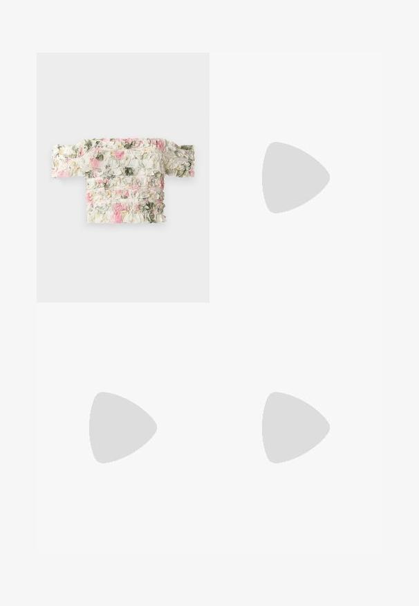 Floral off-the-shoulder top in white with pink and green ruffled patterns. Features slightly elasticized fabric for a fitted look.; Black faux leather pants with a wide-leg cut, featuring white stitching, front pockets, and a gold button at the waistband.; Black leather ballet flat with a rounded toe, smooth texture, minimal stitching detail, and a flexible sole design.; Black leather bucket bag with a textured finish, gold hardware accents, and an open top. Features a short handle and adjustable shoulder strap.