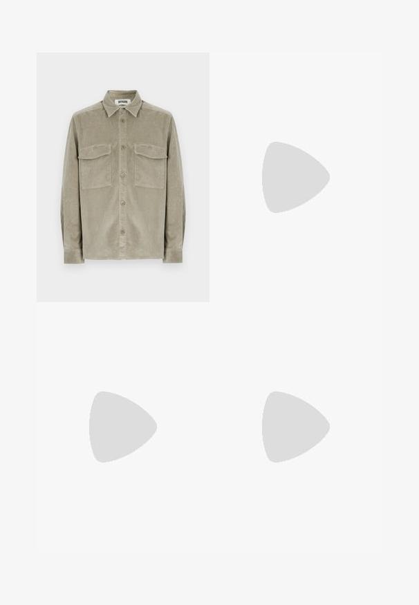 Olive green corduroy shirt with long sleeves, button-up front, and two chest pockets. Soft texture with a classic collar design.; White cotton t-shirt with short sleeves, rounded neckline, relaxed fit, and no visible logos or patterns. Smooth texture and minimal design.; Black jogger pants made of soft fabric, featuring an elastic waistband with a drawstring, ribbed cuffs, and a small logo on the left thigh.; Nike sneakers feature a gray suede and white leather upper with perforations, round laces, and a gum sole for traction.