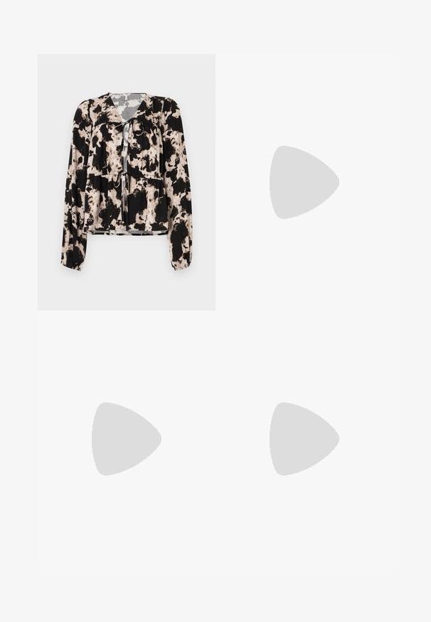 Black and cream patterned blouse with long sleeves, a tie detail at the neckline, and gathered elastic at the waist. Smooth fabric texture.; Light blue wide-leg jeans made of denim. Features high waist, five-pocket design, and a button closure. Straight cut with a clean hem.; Black ankle boots with a shiny finish, square toe, block heel, and side elastic panel. Paired with black tapered pants.; Black leather tote bag with two long handles, a smooth texture, and a structured shape. Features a front pocket for additional storage.