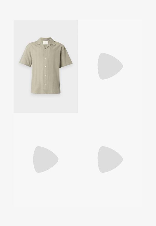 Short-sleeve shirt in light olive green, lightweight fabric with vertical stripes and a pointed collar, featuring front buttons and a relaxed fit.; White cotton shorts featuring an elastic waistband with drawstring, side pockets, and a straight cut with finished hems.; White leather sneaker with a smooth texture, round toe, lace-up design, and a small navy heel accent with a red detail on the sole.; Metal-framed sunglasses with oval green lenses. Thin silver metal frame and black ear tips. Minimalist design, no visible logos.