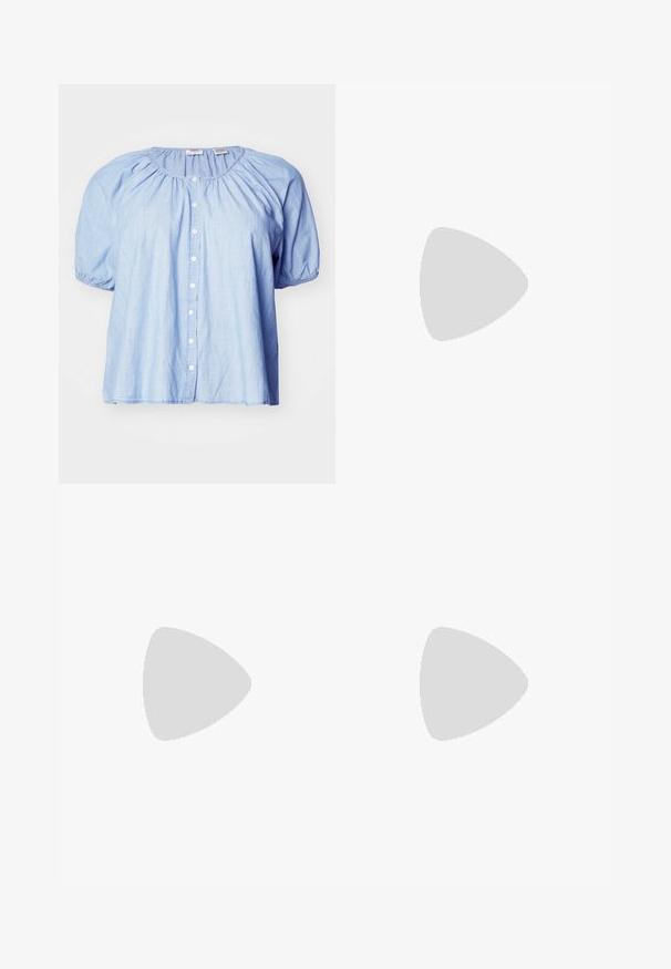 Levi's® Plus LEANNE BLOUSE - Bluza - dazed light stone; Tri tanke s kratkimi rokavi v mint zeleni, črni in bež barvi; narejene iz rebrastih tkanin z okroglim izrezom in brez rokavov. Vidna oznaka blagovne znamke.; Denim svinčnik krilo v temno modri barvi, z sprednjim gumbom, vertikalnimi šivi in klasičnim robom.; Vagabond ANSIE - Klasične pete - dark red; Zlate kovinske obročaste uhane z gladko površino, krožno obliko in varnim zapiralom. Polirana površina brez vidnih vzorcev ali dodatkov.