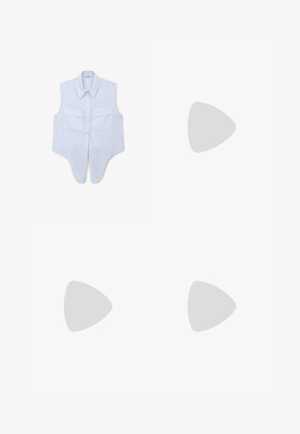 Weißes ärmelloses Hemd mit spitzem Kragen, zwei aufgesetzten Taschen vorne, Knopfverschluss und abgerundetem Saum. Aus Baumwollmaterial.; Braune Weite-Leg-Hosen mit einer glatten Textur, hoher Taille und Vorderfalten. Der Stoff ist leicht und fällt locker.; Braune Leder-Sandale mit überkreuzten Riemen, einem Knöchelriemen mit Schnalle und einer flachen Sohle mit minimalen Nähdetails.; Sonnenbrille im Schildpatt-Design mit rechteckigen Gläsern, dicken Rahmen und dunkelgetönten Gläsern. Glatte Textur und minimalistisches Design.