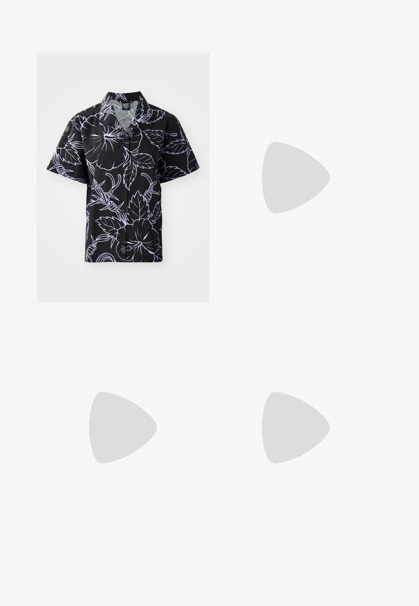 Short-sleeve black shirt with white floral and leaf patterns, button-up design, and pointed collar. Lightweight fabric with a smooth texture.; Black wide-leg sweatpants made from soft fabric, featuring an elastic waistband and a small logo on the left side.; Black leather sneaker with white stripes, rubber toe cap, black laces, and a cream-colored outsole. Smooth texture with shiny finish.; Black leather handbag with a trapezoidal shape, featuring a raised Adidas logo design and a thin shoulder strap. Zipper closure at the top.