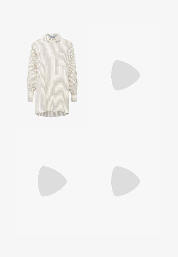 Striped button-up shirt in beige and cream, featuring a chest pocket, long sleeves, and a relaxed fit with a rounded hem.; Black wide-leg trousers with pleats, featuring a smooth texture and a high waist design. Minimalist style, no visible hardware or embellishments.; Black flat sandals with a strappy design, featuring multiple leather straps and a slim ankle buckle. The sole is flat and rectangular.; Black handbag with structured shape, smooth texture, and a metallic clasp. Paired with wide black pants and open-toe sandals on wooden floor.