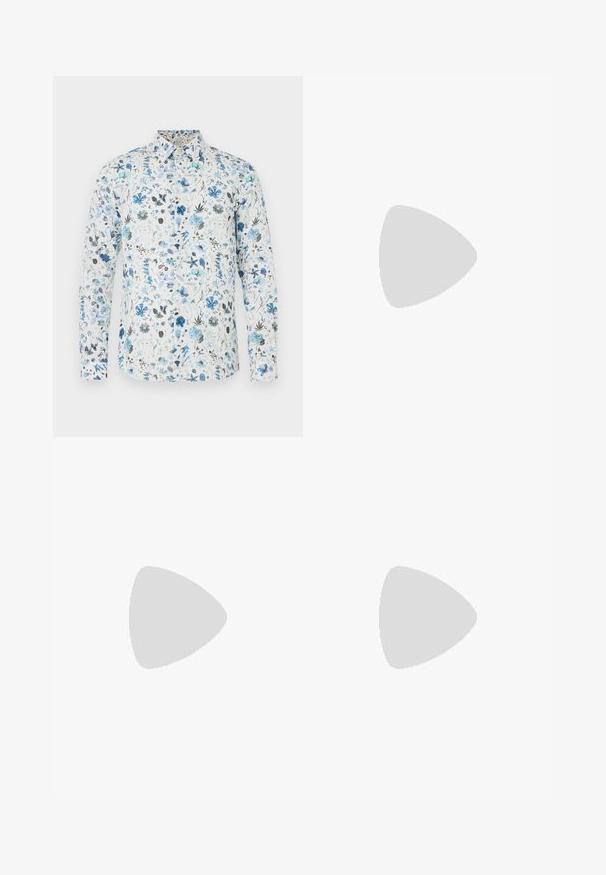 Garām piedurknēm krekls ar baltu audumu un zilu, tirkīza un pelēku ziedu rakstu, ar pogājamu apkakli un izliekta apakša.; Melni bikses ar vieglu, teksturētu audumu, taisnu kāju dizainu, elastīgu jostu un sānu rāvējslēdzēju kabatām.; Melnas austas slaidu kurpes ar gludu ādas akcentu augšpusē, apaļas formas purngalu un zemas profila gumijas zoli.; Melni aviator stila saulesbrilles ar tumšiem stikliem, plānu metāla rāmi un slaidām plastmasas kājām, kas rotātas ar logo akcentiem.