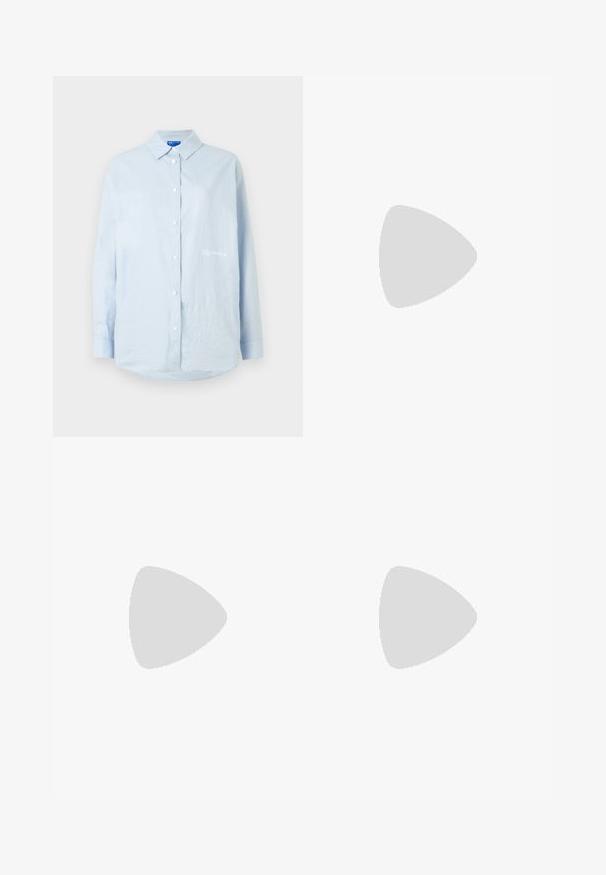 Light blue long-sleeve button-up shirt with collar, white buttons, and small white "Karl Lagerfeld Jeans" logo on left chest.; Black tailored trousers with a straight-leg design, featuring a smooth texture and crisp creases along the front. No visible hardware.; Knee-high black leather boot with a pointed toe, smooth texture, and a chunky heel. Features a zipper detail at the back.; Black leather handbag with a structured design, featuring a cropped shape, top handle, and gold hardware accent. Adjustable shoulder strap included.