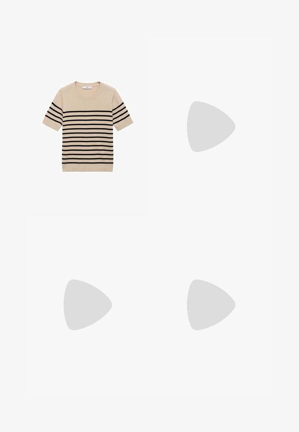Beige Kurzarmpullover mit schwarzen horizontalen Streifen, rundem Halsausschnitt und strukturierter Optik. Einfaches, klassisches Design ohne zusätzliche Akzente.; Schwarze Hose mit geradem Schnitt, ausgestattet mit Fronttaschen und Seitenschlitzen am Saum. Hergestellt aus weichem, glattem Stoff. Geeignet für verschiedene Anlässe.; Schwarze Lackleder-Slingback-High Heels mit spitzem Schuh und einem geometrischen Blockabsatz. Verfügt über ein schlankes, minimalistisches Design und eine glatte Textur.; Schwarze Lederhandtasche mit geschwungener Form, abnehmbarem Tragegurt und goldenen Beschlägen. Die Tasche verfügt über einen Deckel mit einer Schnallen-Details.