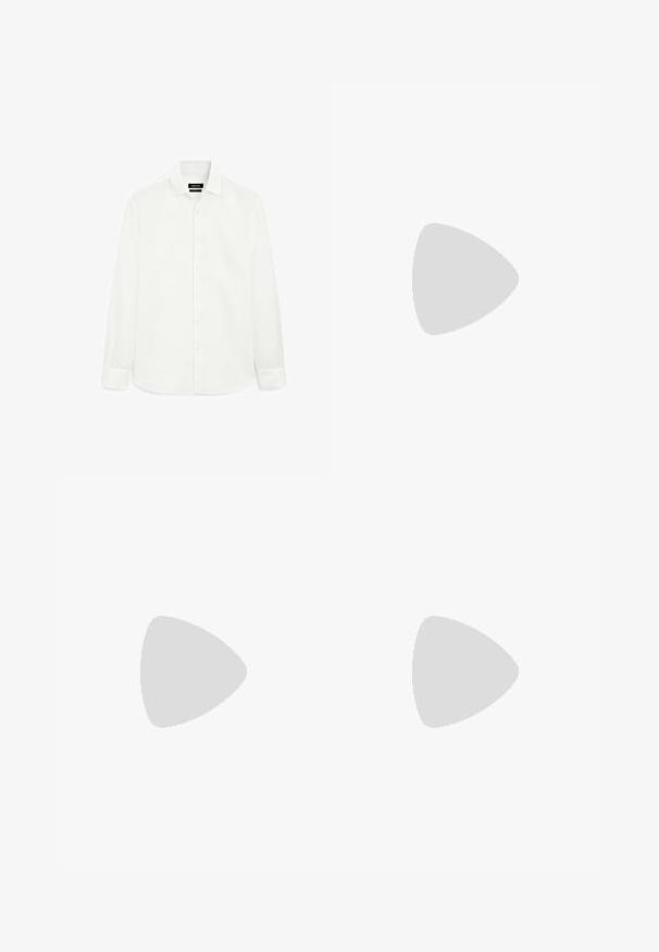 Hvid langærmet skjorte lavet af blødt stof, med en klassisk krave, frontal knaplukning og lige nederdel. Ingen mønstre eller accenter.; Brune vævede shorts med elastisk talje, justerbar snor og sidelommer. Har et tekstureret, let meleret stof.; Hvide flip-flops med minimalistisk design, lavet af blødt gummimateriale, med en flad sål og en Y-formet rem for støtte.; Sorte plastiksolkaber med grønne linser, firkantede stel, sølvaccent på brynene og teksturerede templede arme. Angivet mærke på den indre arm.