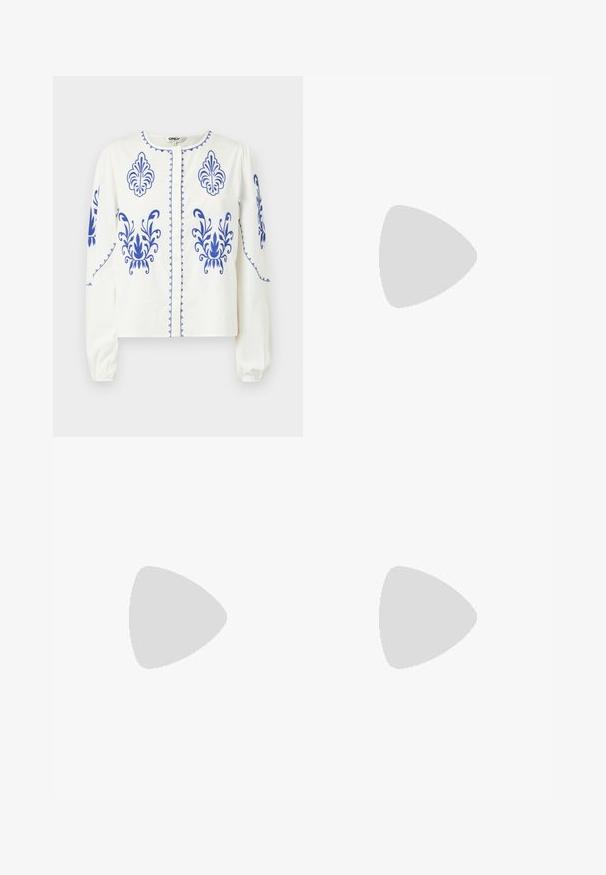 Bluză albă cu broderie albastră cu modele florale, guler mic, nasturi pe față și mâneci lungi cu manșete fronsate.; Bermude din denim de culoare albastru închis, cu talie elastică și șnur, având bucle standard pentru curea și detalii de cusătură vizibile.; Adidași albi tip pantofi sport cu glezna din pânză, cu talpă din cauciuc negru, capac de vârf din cauciuc frontal și șase ochiuri pentru șireturi, având un design curat și minimalist.; Geantă de mână din piele roșie, cu un design unghiular și geometric. Dispune de o singură curea ajustabilă și un sistem de închidere cu clapetă, cu detalii cusute.