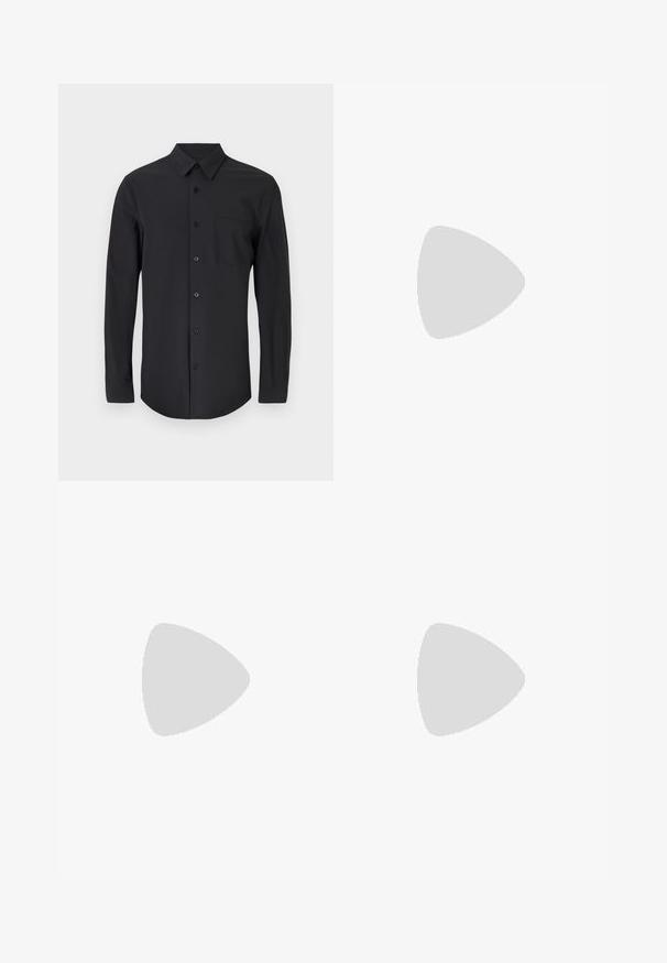 Black long-sleeve shirt in a smooth fabric with a classic collar, button closure, and a chest pocket on the left side.; Black pinstriped wide-leg trousers with pleats, featuring a tailored design and a soft texture. No visible hardware or accents.; Black leather loafer with a tasseled accent, featuring a chunky black sole and yellow stitching along the edge. Textured finish.; Black rectangular glasses with clear lenses and a subtle purple tint, featuring sleek arms and a minimalist design.