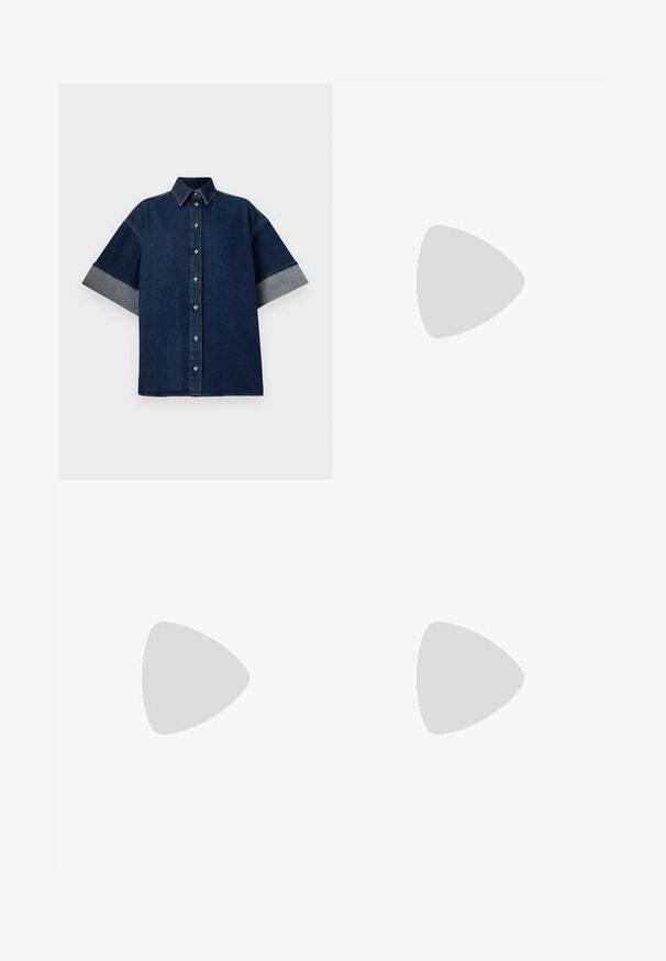 Dark denim shirt with short, rolled-up sleeves in a lighter denim. Features a classic collar and front buttons. Smooth texture, casual design.; Black, ankle-length skirt with a fitted waistband. Made of soft, stretch fabric, featuring a smooth texture and no visible embellishments.; Black leather sandals with thin straps and a buckled ankle strap. Flat sole with a textured finish and zigzag edge. Minimalist design.; Black leather handbag with a structured design, featuring a cropped shape, top handle, and gold hardware accent. Adjustable shoulder strap included.