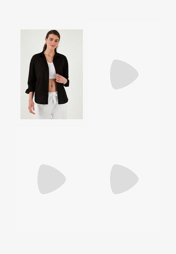Black linen shirt with a relaxed fit, button-down front, and rolled-up sleeves, layered over a white ribbed top. White drawstring pants.; Light blue denim wide-leg jeans with a high waist, featuring front pockets, a button closure, and a faded pattern on the legs.; Black leather ballet flat with a rounded toe, smooth texture, minimal stitching detail, and a flexible sole design.; Black leather crossbody bag with a curved design, gold hardware, adjustable strap, and flap closure. Textured surface with smooth accents.