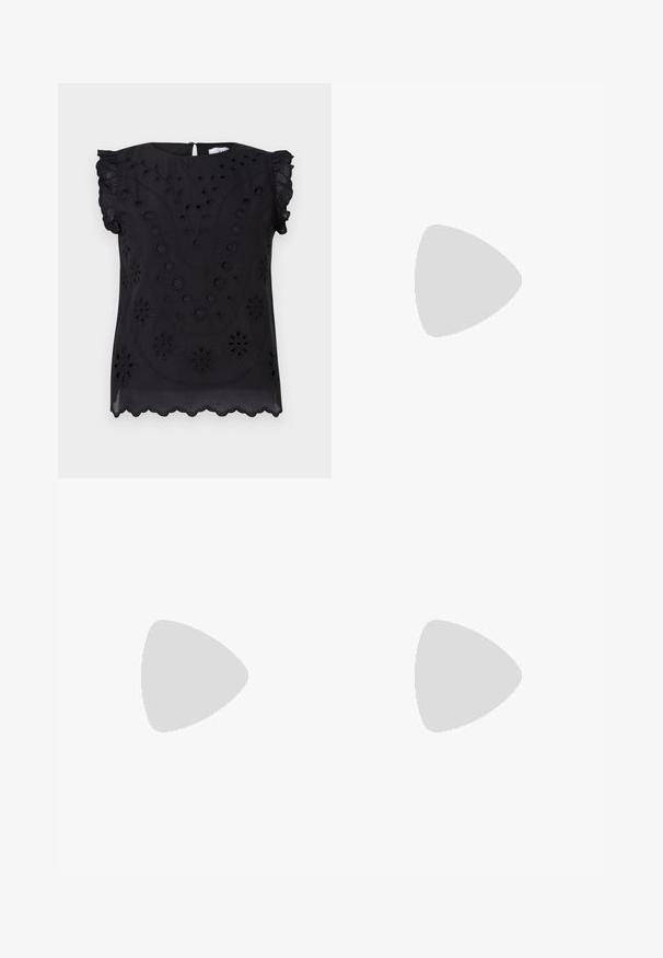 Top corto nero con maniche corte, caratterizzato da ricami floreali e dettagli in pizzo, con scollo rotondo e orlo ondulato.; Pantaloni a gamba larga in tessuto grigio scuro, con vita alta, pieghe singole e una texture liscia con una finitura pulita sui orli.; Tacchi slingback in pelle nera con punta affusolata, piccolo tacco kitten e un dettaglio a nodo decorativo sulla parte anteriore. Texture liscia su tutta la superficie.; Borsa a tracolla in ecopelle nera con texture a coccodrillo, apertura cinchata e tracolla arricciata. Si presenta con un design morbido e compatto.