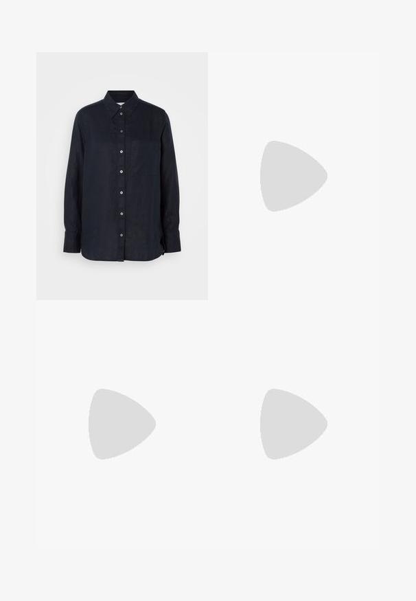 Dark navy long-sleeve button-up shirt made of linen, featuring a pointed collar, a chest pocket, and a six-button front closure.; Black wide-leg trousers with high waist, button details on waistband, and front pleats.; Black open-toe heeled sandal with crossed straps, adjustable ankle strap, and a chunky heel, featuring a smooth leather texture.; Black leather tote bag with two long handles, a smooth texture, and a structured shape. Features a front pocket for additional storage.