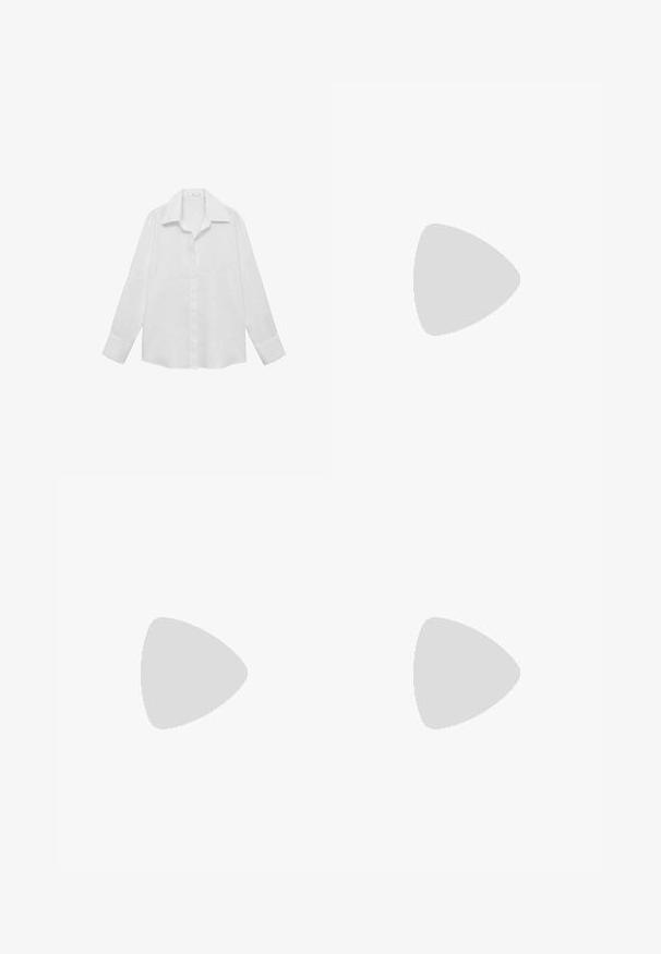 Witte overhemd met lange mouwen van een gladde stof. Bevat een klassieke kraag, een knopenlijst en knoopmanchetten met een comfortabele pasvorm.; Bruine high-waisted broek met plooien, gemaakt van soepel materiaal. Loose fit, rechte pijpen, met riemlussen en een ritsluiting.; Zwarte gepatineerde leren slingback hakken met een spitse neus en een geometrische blokhak. Kenmerkt zich door een slank, minimalistisch ontwerp en een gladde textuur.; Bruine leren tote bag met twee lange handvatten, gestructureerde vorm, gladde textuur en minimalistisch design. Geen zichtbare hardware of accenten.