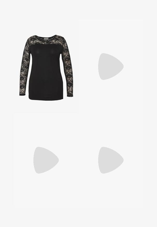 Top preto com mangas longas de renda, apresentando um corpo preto sólido e detalhes em renda floral. Decote redondo com textura suave.; Calças largas pretas, feitas de um tecido suave, com uma cintura clássica com fecho de botão e pregas frontais.; Sandy em verniz preto com salto slingback, ponta afilada e salto geométrico. Apresenta um design elegante e minimalista com textura suave.; Bolsa de couro preta com forma curva, alça destacável e detalhes em dourado. A bolsa possui uma aba com detalhe de fivela.