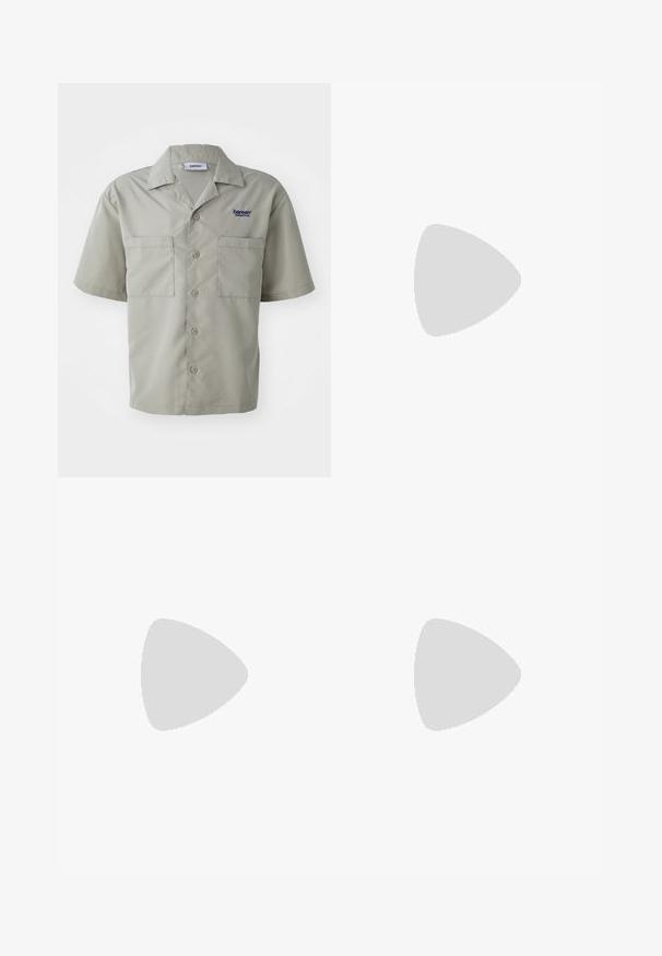 Short-sleeve, light gray button-up shirt made of smooth fabric with two front pockets and a blue embroidered logo on the chest.; Three white ribbed tank tops made of cotton. Features a crew neck and small black labels near the hem. Available in multiple sizes.; Green lightweight pants made of textured fabric. Features elastic waistband with drawstring, zippered side pockets, and ankle zippers.; Gray athletic shoe featuring a mesh and suede upper, white accents, a cushioned sole, and a distinctive design with reflective elements.