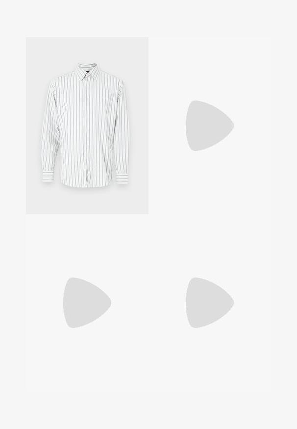 Camisa de homem de manga comprida com botões, em branco com riscas verticais azul-claro e cinza, apresentando uma gola clássica e um bolso no peito.; T-shirt de algodão branco com mangas curtas, decote redondo e logo discreto da Levi's impresso no centro. Tecido macio e ajuste padrão.; Calças pretas plissadas com um design reto e de perna larga. Feitas de um tecido liso, apresentam um fecho de botão e passantes para cinto.; Sapatilha atlética preta com parte superior em malha, detalhes em prata e uma sola acolchoada. Apresenta um design de atacadores e uma sola texturizada para melhor aderência.