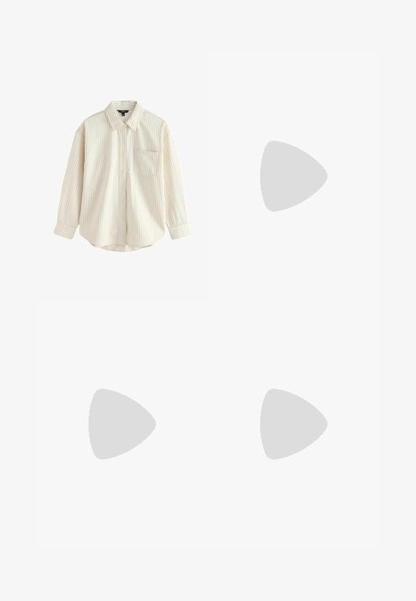 Light beige button-up shirt with thin blue vertical stripes, long sleeves, a front pocket, and a rounded hem. Soft fabric texture.; White wide-leg jeans made of denim, featuring a high-rise waist, front pockets, and a button closure. Clean design with minimal accents.; Brown leather slide sandal with crossed straps, flat sole, and a smooth texture. Simple design without embellishments or patterns.; Brown suede tote bag with two long straps, drawstring closure, and minimalistic design. Smooth texture and no visible hardware accents.