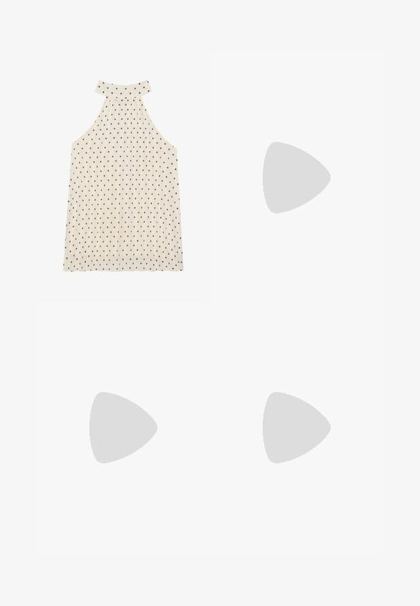 Hallitseva hihaton paita vaaleassa kermassa ruskeilla pilkuilla, jossa on korkea kaula-aukko ja laskostettu kangas lisätekstuuriksi.; Hame panjang lutut dari kain ringan dengan pola abstrak beige, cokelat, dan hijau. Memiliki pinggang yang pas dan desain yang mengalir.; Vaaleanpunaiset mokkanahka-avokkaat, joissa on paksu korko, avonaiset varpaat ja nilkkaremmissä kultaiset soljet. Tasainen etuosa.; Ruskea keinonahkainen olkalaukku, jossa on kaareva muoto, minimaalinen ompelu ja kultasävyinen varuste. Varustettu ylhäältä avautuvalla vetoketjullisella suljennalla ja säädettävällä hihnalla.