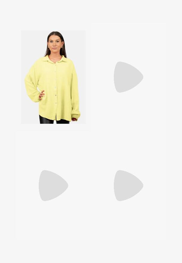 Camicia con bottoni di un vivace giallo, realizzata in un tessuto texturizzato. Presenta un colletto, maniche lunghe e tasche frontali, con bottoni visibili.; Pantaloni a gamba larga marroni con una texture liscia, dotati di una cintura nera in vita e tasche laterali. Design sartoriale e vestibilità rilassata.; Sandali piatti dorati con un design a thong annodato e una finitura metallica liscia. Forma della punta quadrata, cinturini minimalisti e suola nera.; Borsa tote in pelle marrone chiaro con finitura testurizzata, apertura ampia e due manici lunghi. Caratterizzata da un design semplice e hardware minimale.; Bracciale in tono oro con bande metalliche intrecciate, finitura liscia e lucida, e design aperto. Leggero e minimalista.