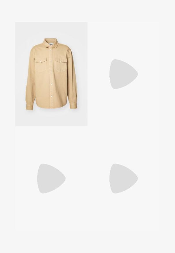 Beige button-up shirt made of cotton, featuring a classic collar, two chest pockets, and long sleeves with buttoned cuffs.; Three white ribbed tank tops made of cotton. Features a crew neck and small black labels near the hem. Available in multiple sizes.; Black denim trousers with a straight leg design, featuring a button and zip closure, belt loops, and minimal stitching details.; Brown leather moccasin with tassel accents, textured surface, and contrasting yellow stitching along the black rubber sole. Side view.; Metal chain necklace with elongated links in a dark gunmetal color. Features a geometric accent and clasp with branding detail.