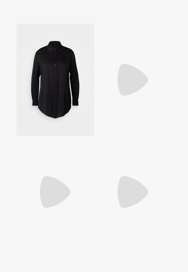 BOSS Bluza s gumbima - black; Crne krojene hlače ravnog kroja, s glatkom teksturom i oštrim pregibima naprijed. Bez vidljivih metalnih dijelova.; Crne sandale s potpeticom s tankim trakama, kvadratnim vrhom i potpeticom srednje visine. Izrađene od glatke kože s mat završetkom.; Crna kožna torba s strukturiranim dizajnom, s krojenim oblikom, gornjom drškom i zlatnim detaljima. Uključena je podesiva ramena traka.