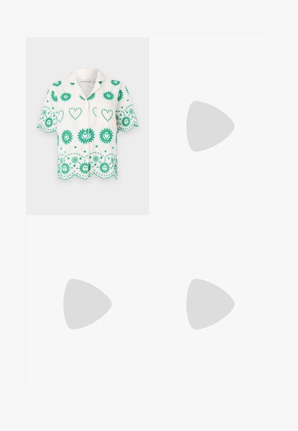 Short-sleeve shirt in white fabric, adorned with green sun and heart patterns, featuring a collar and small chest pocket.; Black tailored trousers with a straight-leg design, featuring a smooth texture and crisp creases along the front. No visible hardware.; Black leather slingback heels with a pointed toe, featuring a slim heel and a gold-tone accent on the adjustable strap. Smooth texture.; Black leather handbag with a structured design, featuring a cropped shape, top handle, and gold hardware accent. Adjustable shoulder strap included.
