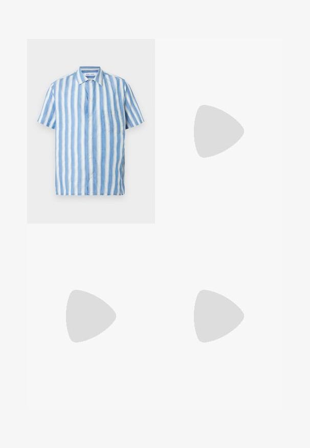 Short-sleeve shirt in light blue and white vertical stripes, made of linen with a pointed collar and a single chest pocket.; Long-sleeved white cotton shirt with a round neckline, side slits at the bottom, and a smooth texture, displayed from the back.; Light blue denim jeans with a straight-leg design, five pockets, button closure, minimal fading, and contrasting stitching details.; White sneaker with a smooth leather upper and a low profile. Features a rounded toe, six eyelets, and a textured rubber sole.