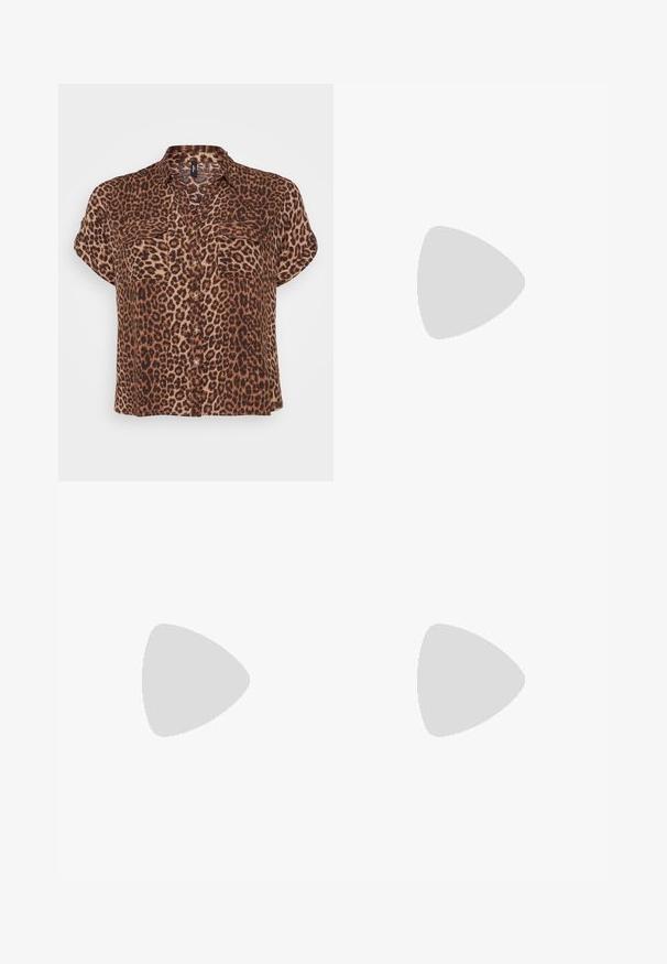 Leopard-print short-sleeve blouse in brown and tan, featuring two chest pockets, a button front, and a relaxed fit.; Floral midi skirt with a black background, featuring small pink, blue, and beige flowers. Elastic waistband with a tie detail, flowing design.; Black leather shoes with a rounded toe, flat sole, and a strap with a buckle detail. Chunky block heel for added stability.; Gold hoop earrings with a smooth, shiny finish. Circular design featuring a small post and clear backing for secure wear.
