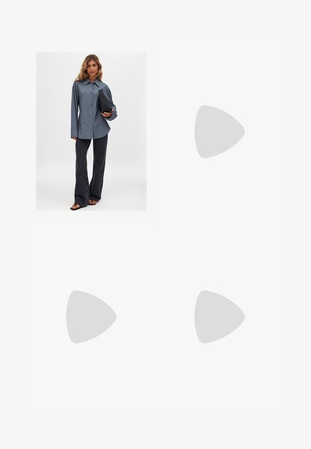 Striped button-up shirt in blue, paired with black flared jeans and a black handbag. Smooth fabric and wide sleeves, casual fit.; Brown wide-leg trousers in cotton blend, featuring a frayed hem, front button closure, and classic five-pocket design. Minimalistic and versatile.; Brown leather slingback heel with a pointed toe, cutout detail at the vamp, and a sleek stiletto heel. Smooth texture.; Brown suede tote bag with two long straps, drawstring closure, and minimalistic design. Smooth texture and no visible hardware accents.