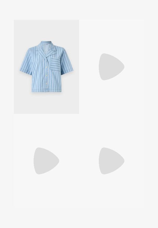 Blue striped short-sleeve shirt with a collared neck, button front closure, and a chest pocket. Made of lightweight denim fabric.; Light blue flared jeans made of denim, featuring a high waist, five pockets, and a single button closure. Soft texture with faded finish.; Black patent leather slingback heels with a pointed toe and a geometric block heel. Features a sleek, minimal design and smooth texture.; Black leather handbag with a curved shape, detachable strap, and gold hardware. The bag features a flap with a buckle detail.
