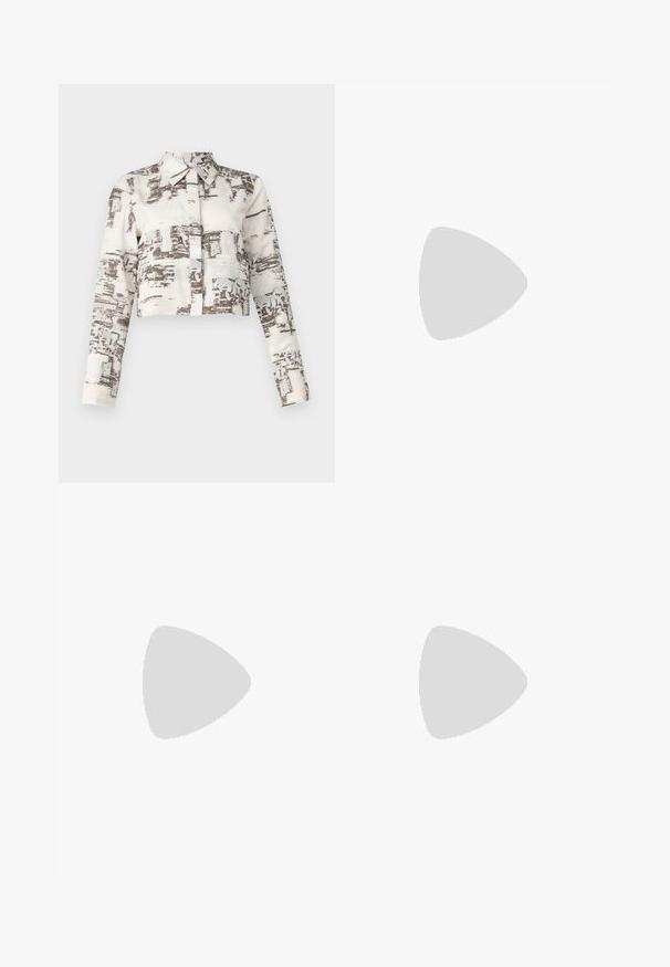 Camicia cropped con maniche lunghe, realizzata in tessuto beige decorato con motivi astratti marroni. Include un colletto tradizionale.; Abito ricamato con maniche a tre quarti, caratterizzato da un motivo floreale nero su un tessuto leggero color beige chiaro. Collo rotondo, lunghezza al ginocchio.; Sandali neri con tacco alto presentano sottili cinturini con design annodato, una punta quadrata liscia e un elegante tacco a spillo.; Borsa a mano metallica grigia chiara con tracolla a catena, impreziosita da piccoli chiodi metallici circolari e da un logo triangolare del marchio.; Orecchini in metallo argentato con forma a goccia liscia e finitura lucida. Incisioni sottili aggiungono dettagli. Design minimalista.