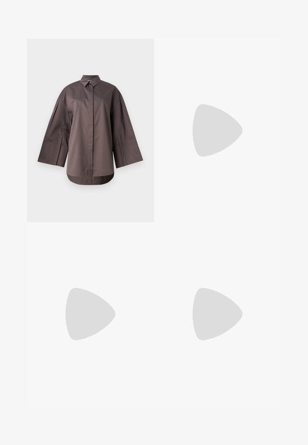 MM SAPORE - Button-down blouse - mud; Beige tailored trousers with a straight fit, featuring pleats at the front, a smooth texture, and a mid-rise waist. No visible pockets.; Beige high-heeled sandals with a minimalist design, featuring two circular accents and a chunky heel. Made from smooth leather.; Brown textured leather crossbody bag with gold chain strap and flap closure. Front features logo detail and a pocket under the flap.