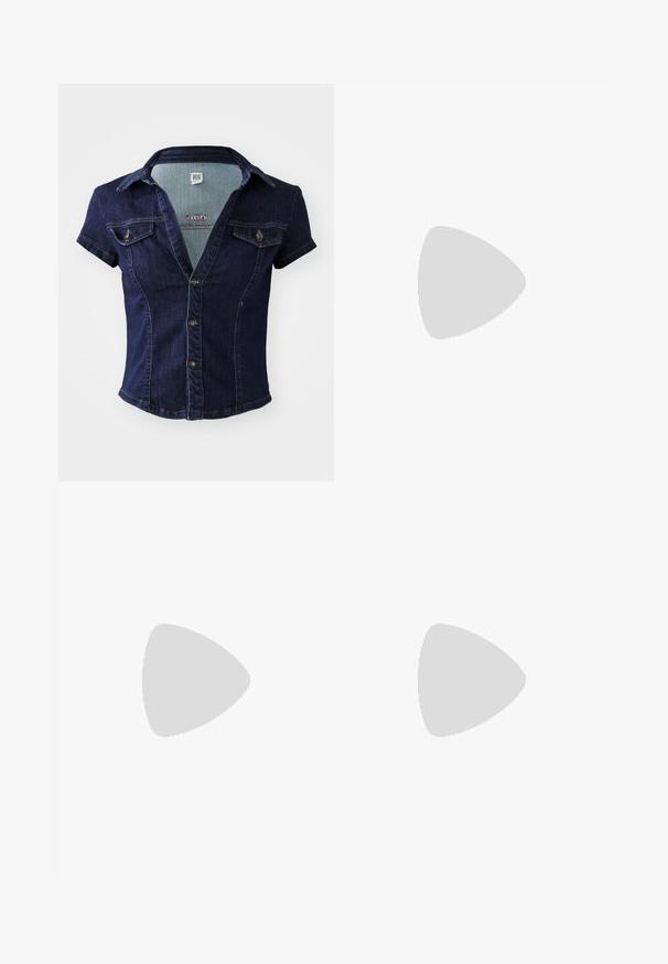 BDG Urban Outfitters POLLY - Button-down blouse - blue; Dark blue flared denim jeans with stitched pockets, a button closure, and a smooth texture. Features a classic five-pocket design.; Black low-top Nike sneaker with laces, stitched detailing, and a textured sole against a plain white background.; Dark blue denim bag with a soft, slouchy shape, featuring a hobo-style handle and textured surface. No visible hardware accents.